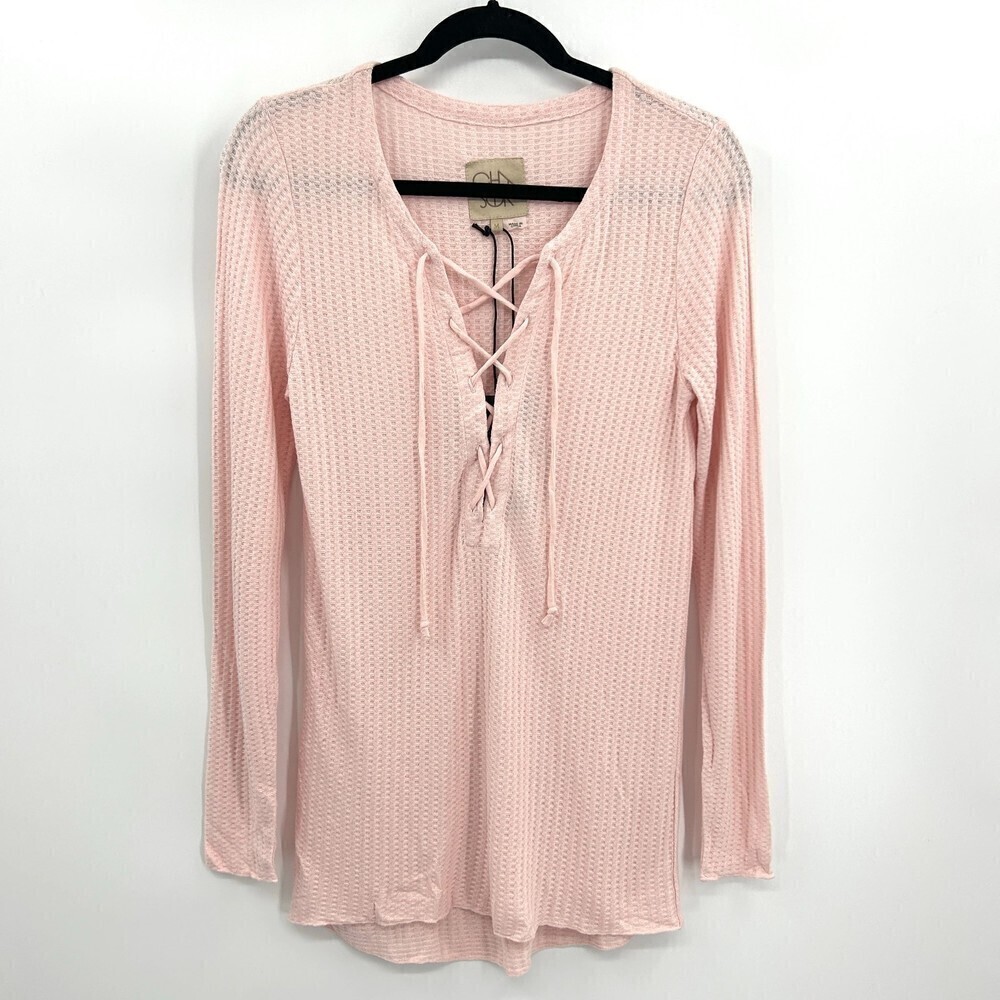 NWT CHASER Basic Pink Lace Up Waffle Knit Long Sleeve Thermal Shirt Size Medium